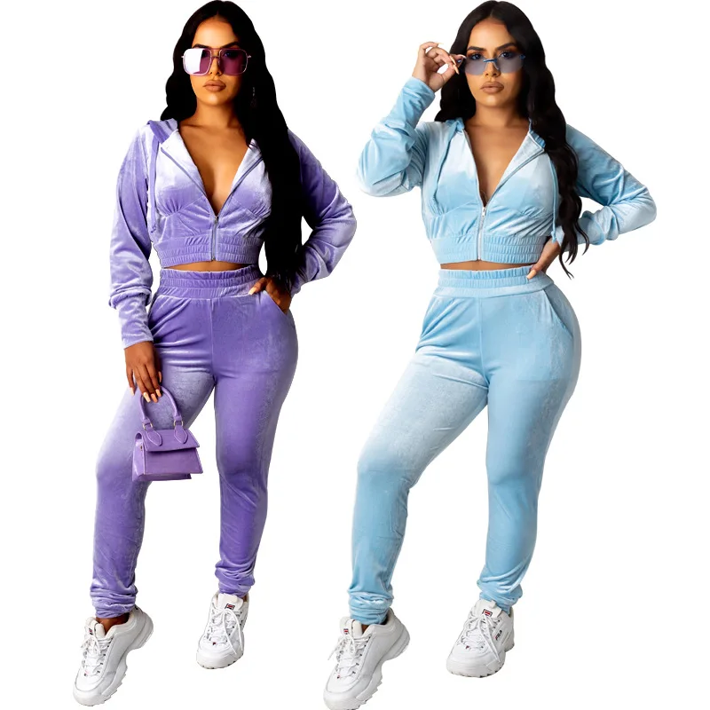 

Hot sale autumn and winter women's clothing 2020 hot sale fashion Korean velvet casual hooded two-piece suit, As picture