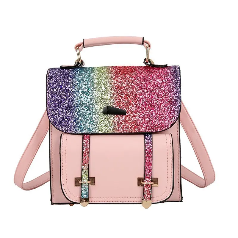 

2021 New fashion leisure traveling shoulder handbags shiny PU leather sequin magic backpack bag women