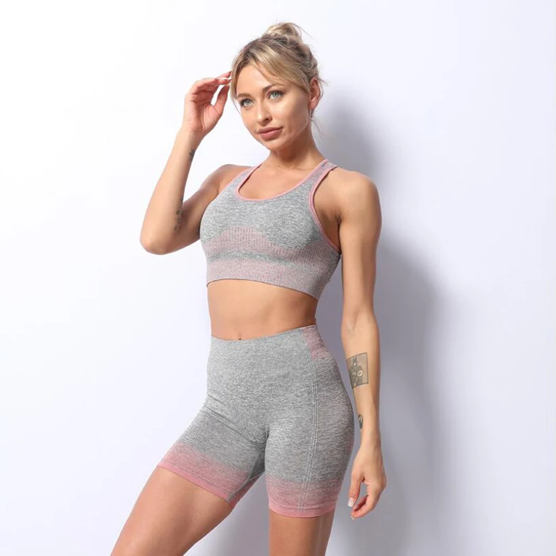 

Custom active wear sport bra + high waist workout shorts high quality seamless fitness sets clothing yoga women, Same as picture shows