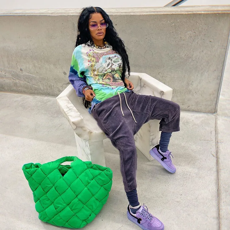 

Special Design Elastic Drawstring Cropped Velvet Purple Color Women's Trousers Casual