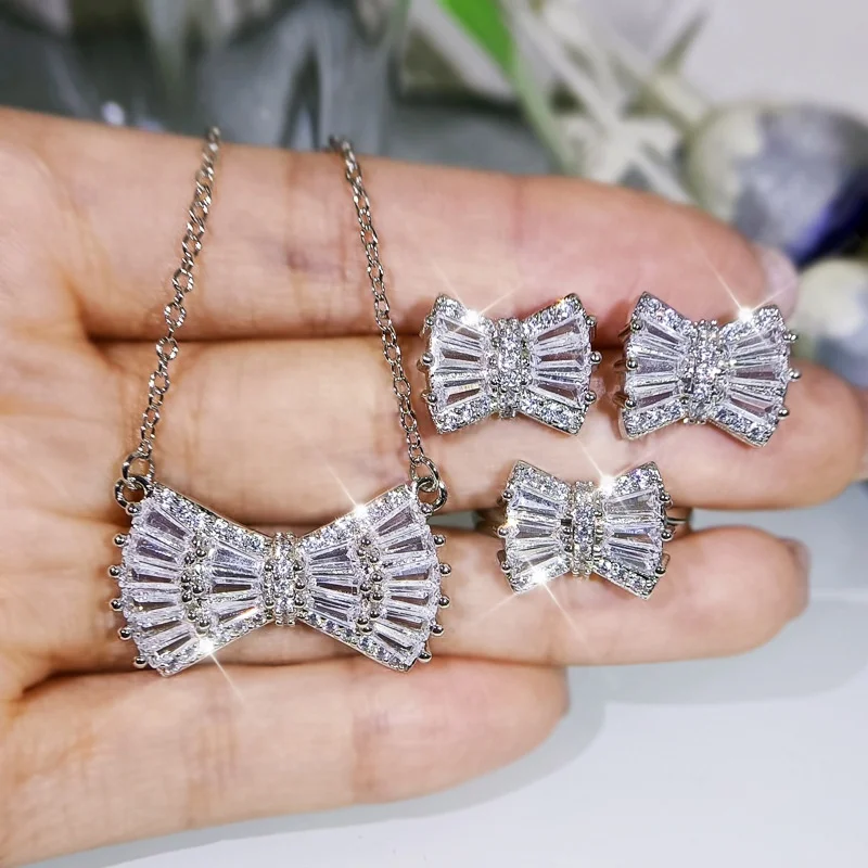 

CAOSHI New Arrival 925 Sterling Silver Plated Crystal Cubic Zircon Bow Pendant Necklace Jewelry Sets