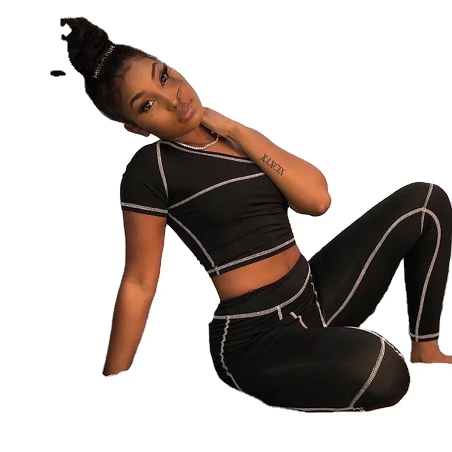

tracksuit women 2 piece set one-shoulder crop tops high waist pants 2020 summer fashion streetwear sportswear outfit, Picture