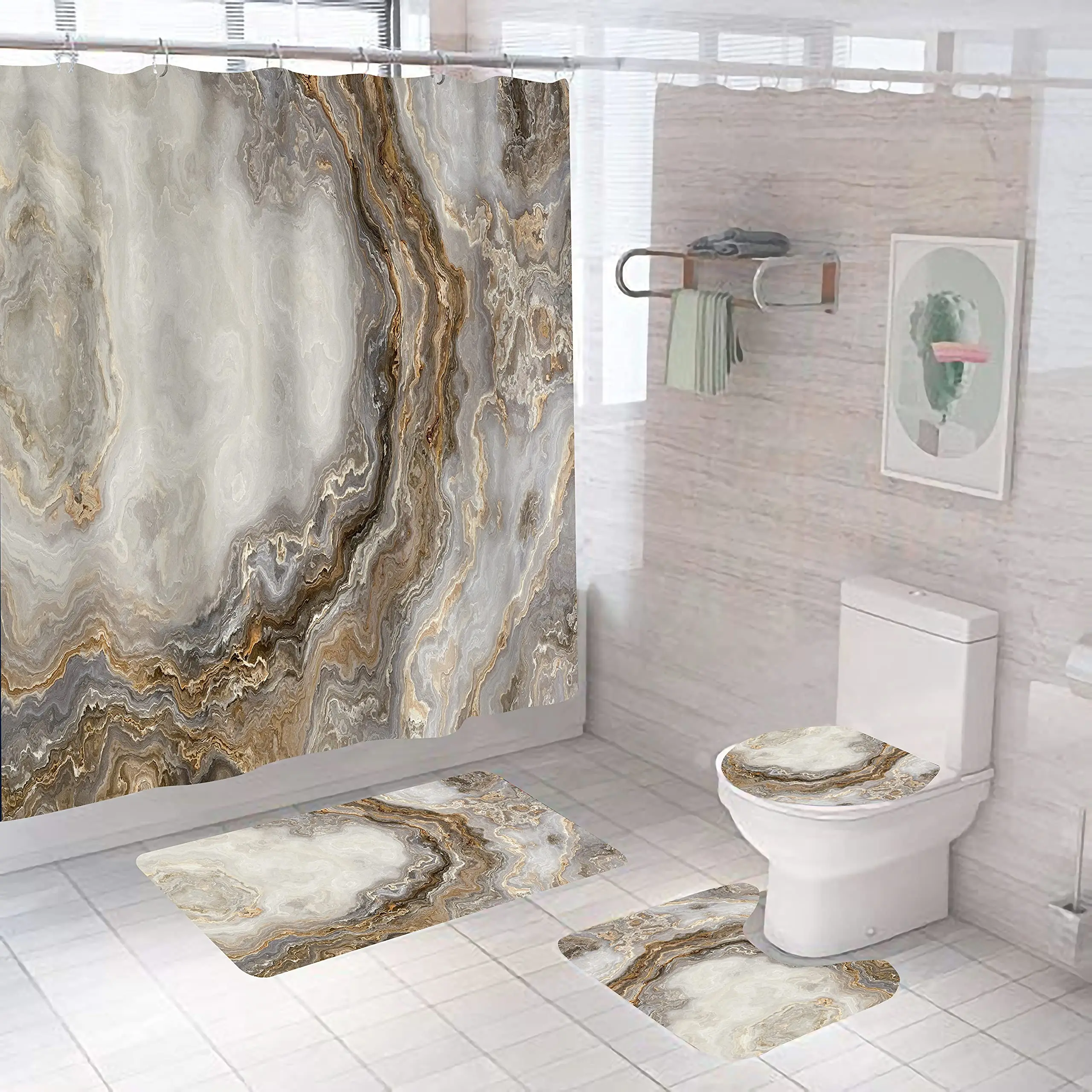 

High Quality Gold Marble Texture Waterproof Shower Curtains Custom Design 4 Piece Shower Curtain Set with Bath Mat