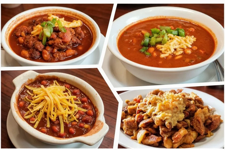 Variety of chili dishes including red chili, green chili stew, and chili cheese fries at popular Reno restaurants