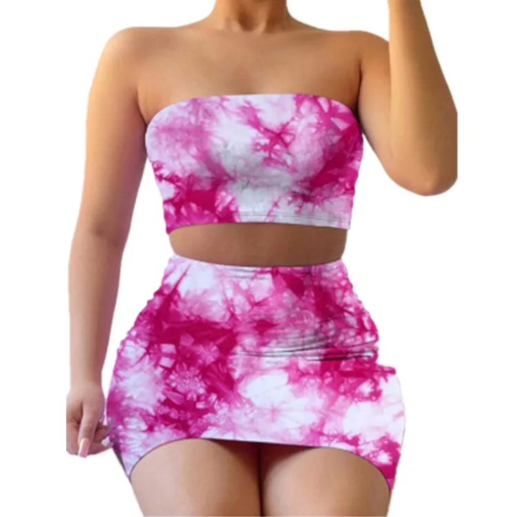 

5XL Plus Size Strip Less Band Summer Street Wear Tie Dye Short Skirts Two Piece Female Suit 2 Piece Set Women Skirt Set