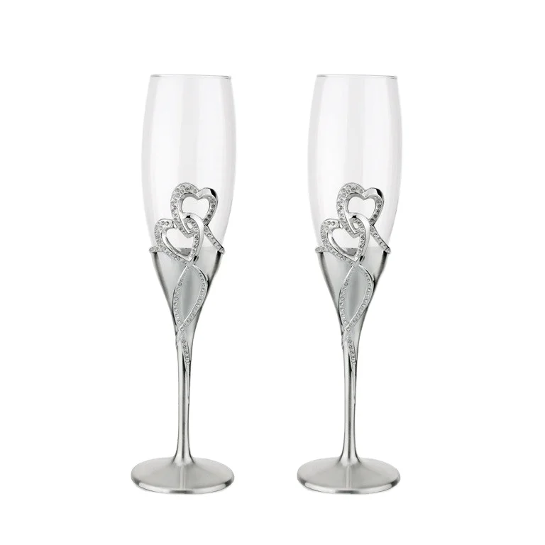 

Hot Sale Champagne Glasses With Brush Silver Double Heart Clear Crystals 2pcs Goblet Wine Glass Wedding Party Gift