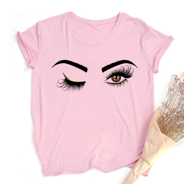 

2021 fashion O Neck Short Sleeve Art Eyelashes Print Graphic T shirt Streetwear white Summer Tops Woman Clothes