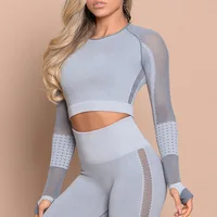

Hollow mesh sexy navel women tight fast dry gym long sleeve breathable fitness yoga clothes