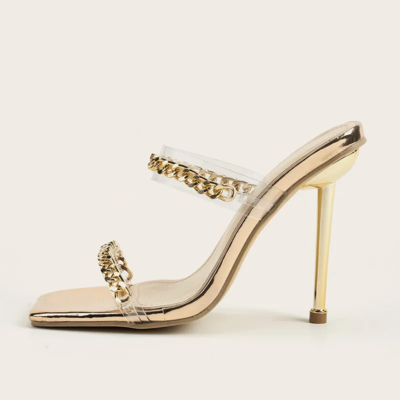 

Chain Clear Trendy Sandalias Para Mujer Slipper Mules Gold Heels for Women