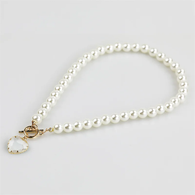 

Freshwater Pearl Necklace Heart Charm Toggle Choker Crystal Gemstone Heart Charm Pendant Necklace Love Mother
