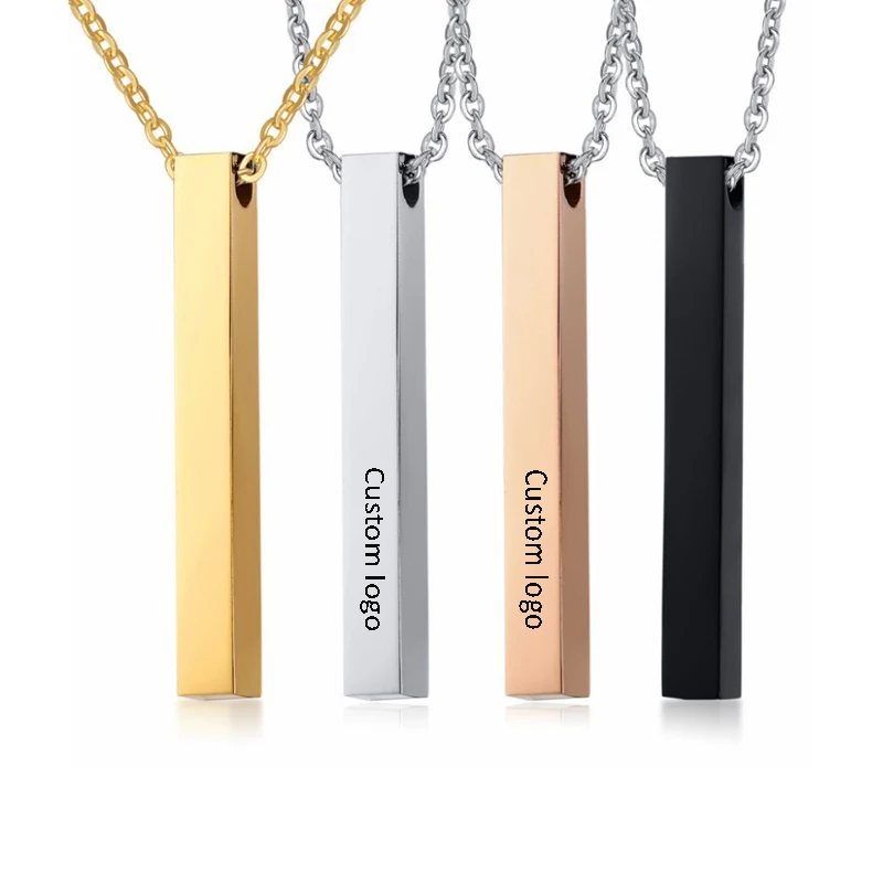 

Custom Logo Stainless Steel Personalized Engraving Name Inspirational 3D Vertical Bar Pendant Necklace