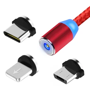 2019 Fast Charger 3 in 1 Metal Head Magnetic Cable LED Light nylon braided usb cable for Iphone/Android/Type-C Charger