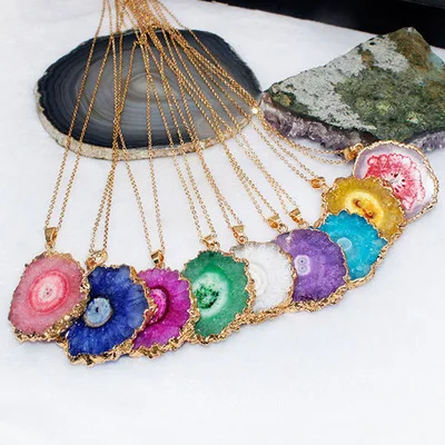 

Natural Agate Faceted Sun Flower Round Druzy Necklace Colorful Slab Pendant Link Chain Necklace For Women, As picture