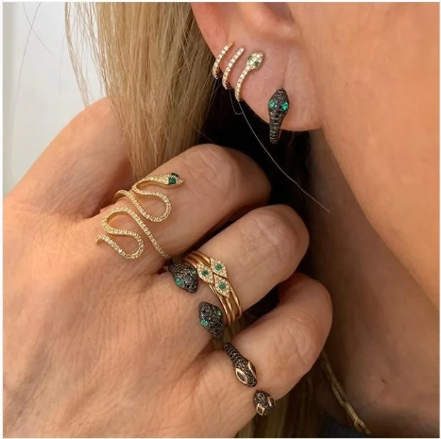 

gold black cz paved open adjust snake ring women finger jewelry fashion, Customized
