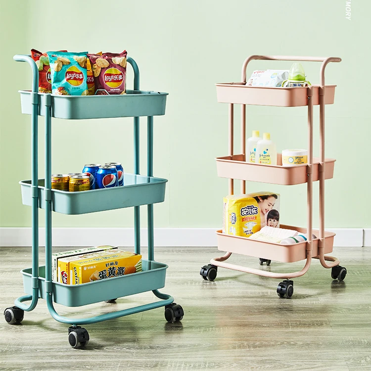 

3 tier fruits and vegetables mesh trolley storage cart baskets for the kitchen, Black, light blue, pink, white