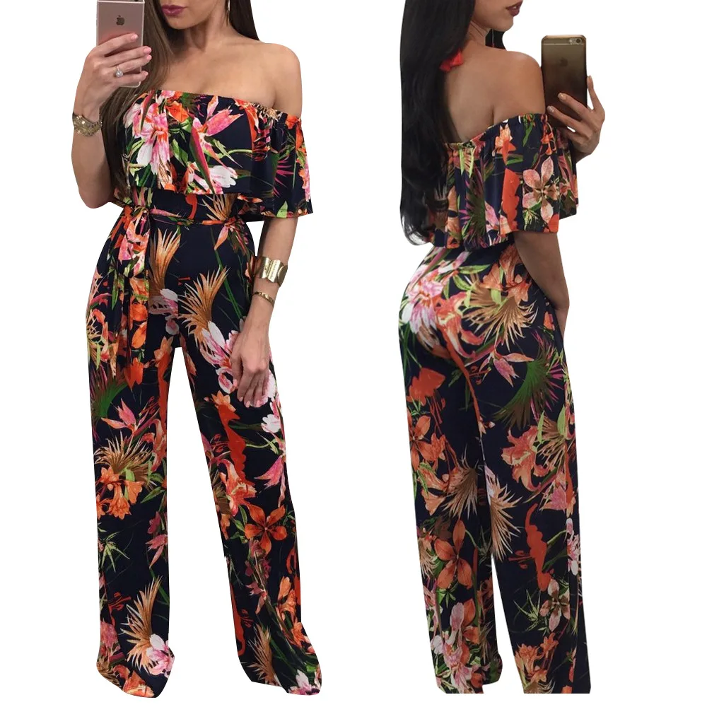 

wholesale summer vacation wear floral print wide leg pants off the shoulder sexy women beach jumpsuit