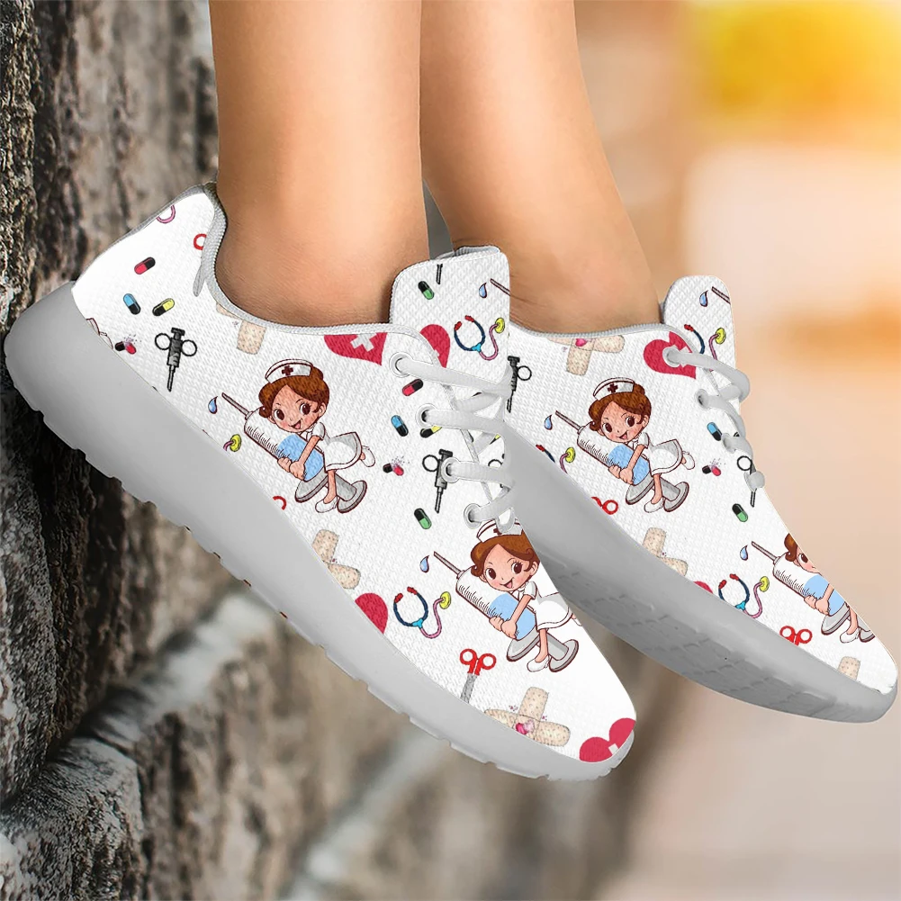 

White Cartoon Nurse Floral Pattern Women Athletic Sneakers Print On Demand Manufacture Drop Shipping 1 Pair Female Running Shoes, As image shows