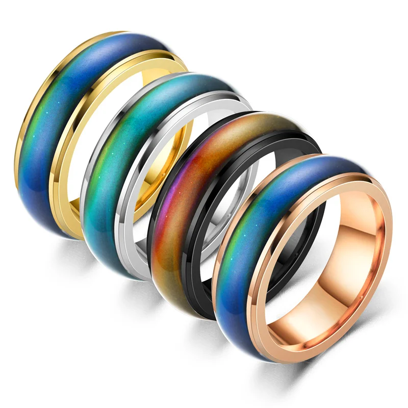 

High Quality Smooth Couple Stainless Steel Rings Color Change Emotion Feeling Mood Ring, Black/silver/gold/rose gold/multicolor