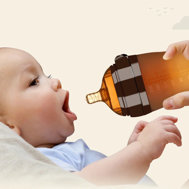 

2021 New product Custom wholesale Bpa Free Bottles sets Feeding Silicone Milk Anti Colic Drinking Wide Neck Newborn Baby Bottle, Brown