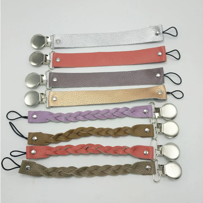 
fashion OEM custom logo braided leather dummy clips baby pacifier 