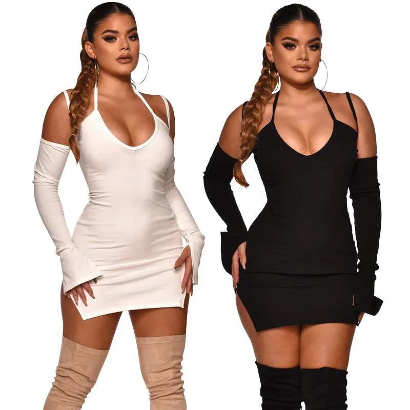 

European and American women's slim sexy sling belt with a deep V neck buttock dress
