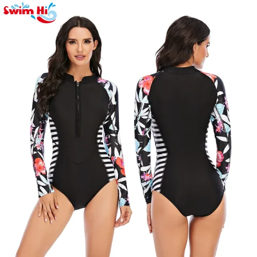 

Women's UPF 50+ Rash Guard One Piece Long Sleeve Swimsuit with Zipper Surfing Swimming