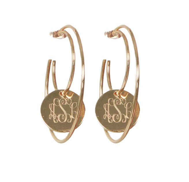 

Fashion Engraved Disc Monogram Double Hoop Earrings, Gold