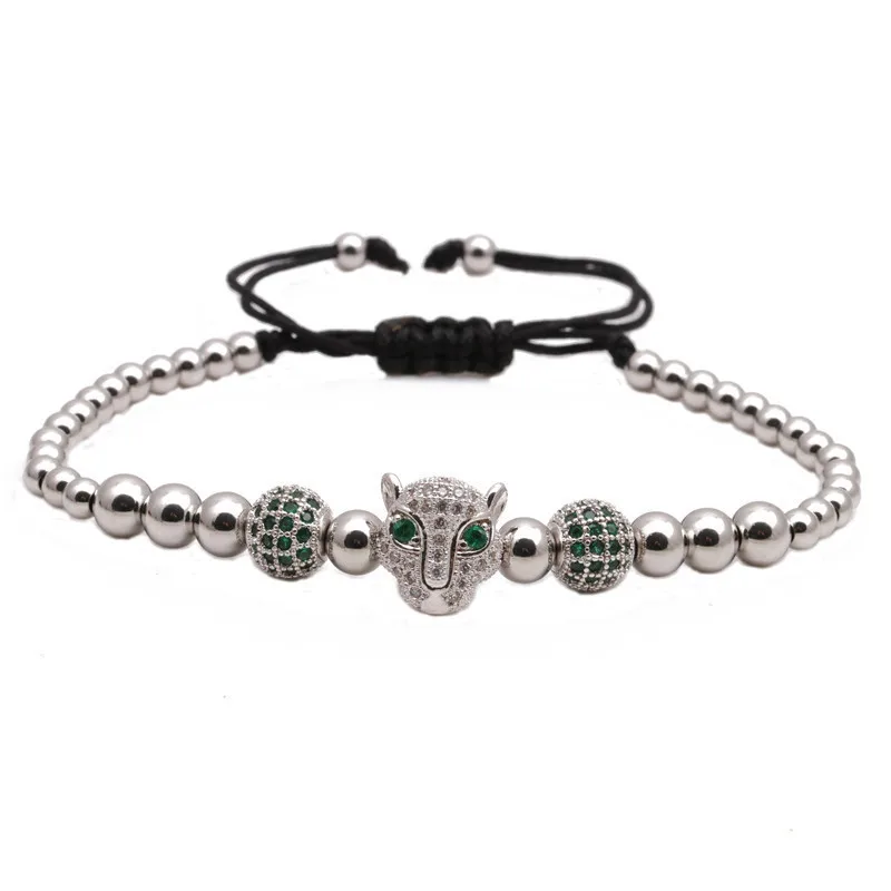 

Hot Sale Hips Hops Punk Style Hand Woven Adjustable Copper Bead Micro Inlay Green CZ Balls Leopard Head Braided Bracelet