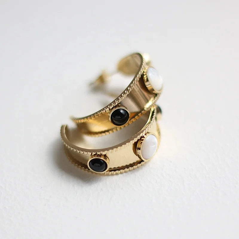 

Fashion Brand Earrings Minimalist Jewelry Accessories 18K Gold Plated Stainless White Black Gemstone Hoop Earrings, Gold/silver/rose gold/black