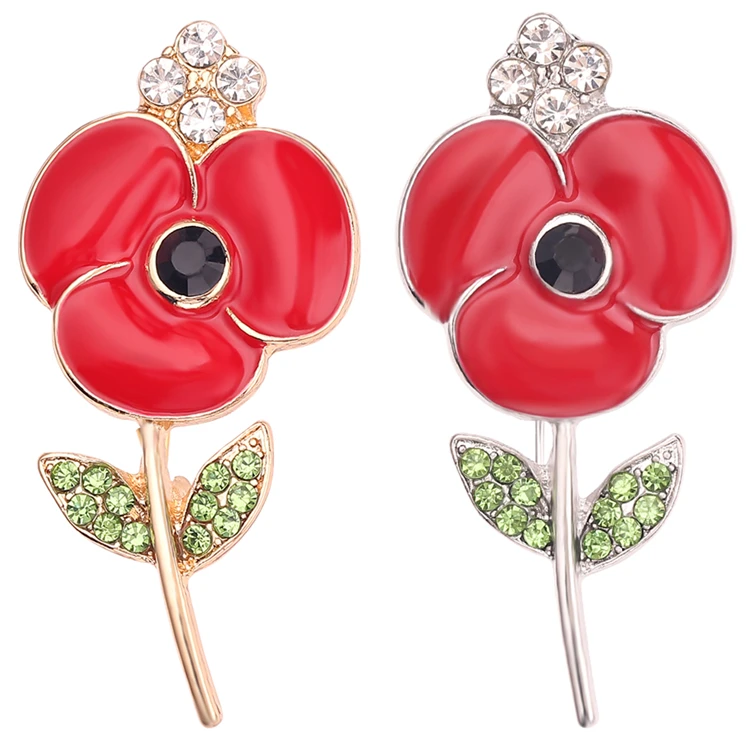 

Unique Rhinestone Enamel Poppy Brooches Red Flower Green Leaf Crystal Brooch Party Clothing Collars Bag Jewelry Gift