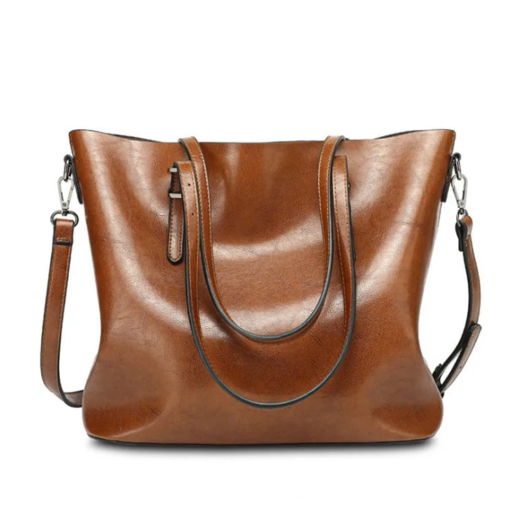 

2021 Jute Oil Leather Shoulder Large Oil Wax Big PU Leather Handbags for Women Tote Handbags Ladies Bags, Black