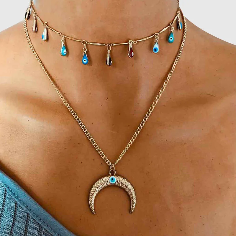 

HOVANCI Boho Colorful Waterdrop Evil Eyes Choker Necklace Ethnic Double Layers Eyes Crescent Moon Pendant Necklace, As pictue showed