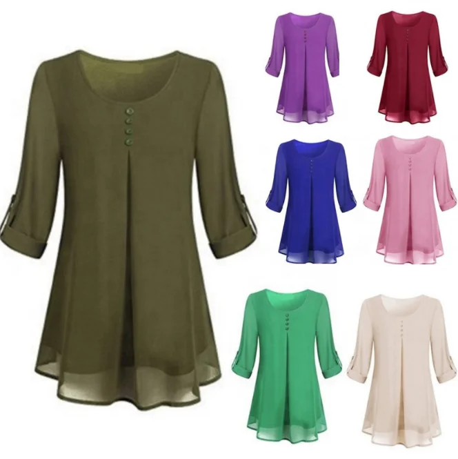 

Plus Size Elegant Ladies T-shirt Fashion Casual Summer Autumn Shirt Women Loose Sexy Solid Color Blouse Chiffon Tops T-shirts