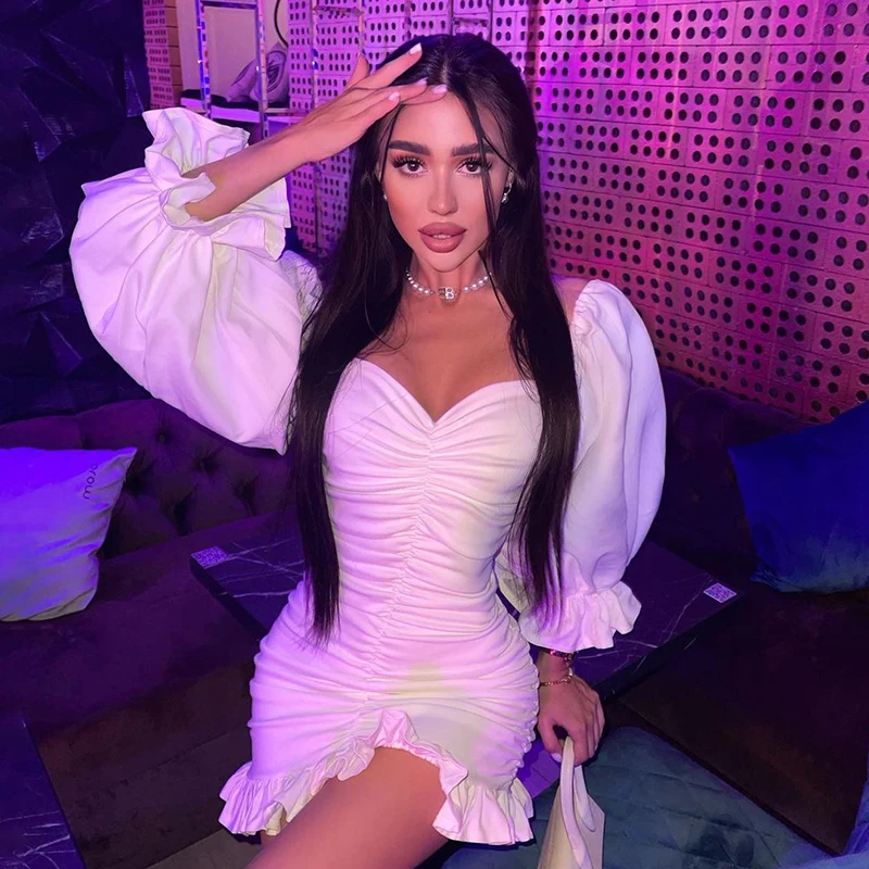 

Lygens 2021 Autumn Winter Women Solid Puff Long Sleeve Off Shoulder Ruched Mini Dress Ruffle Bodycon Elegant Party Club Slim
