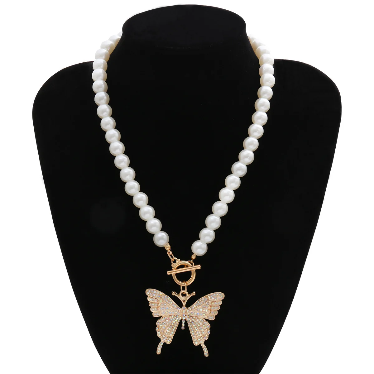 

RFJEWEL Shining Full Crystal Butterfly Pendant Necklace Statement Imitated Pearl Beads Chain Butterfly Necklace, Gold plated
