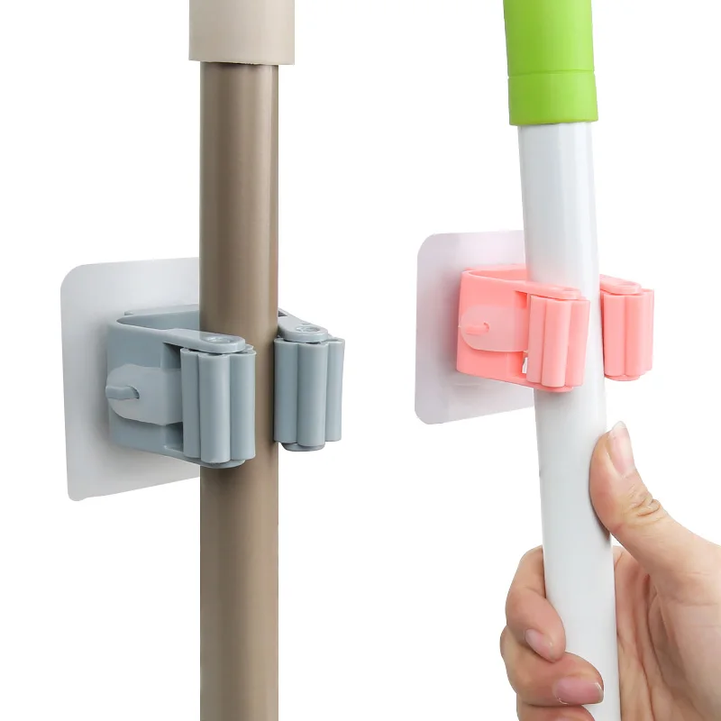 

broom organizer holder Broom Gripper Holds Self Adhesive Reusable No Drilling mop and broom holder wall mount, White,pink,green,blue