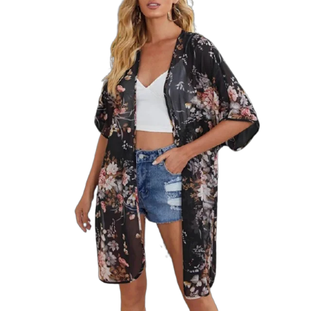 

2021 New Arrivals Floral Print 100%viscose Printed Ladies Front Open Beach Dress Japanese Style Kimono