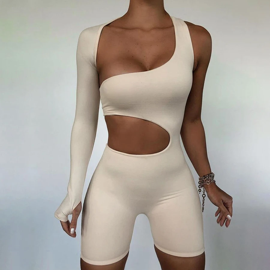 

Nibber K20Q0001 Skinny Fitness Womens Bodysuits 2020 Asymmetrical Solid Jumpsuit Elastic High Waist Women One Piece Jumpsuits