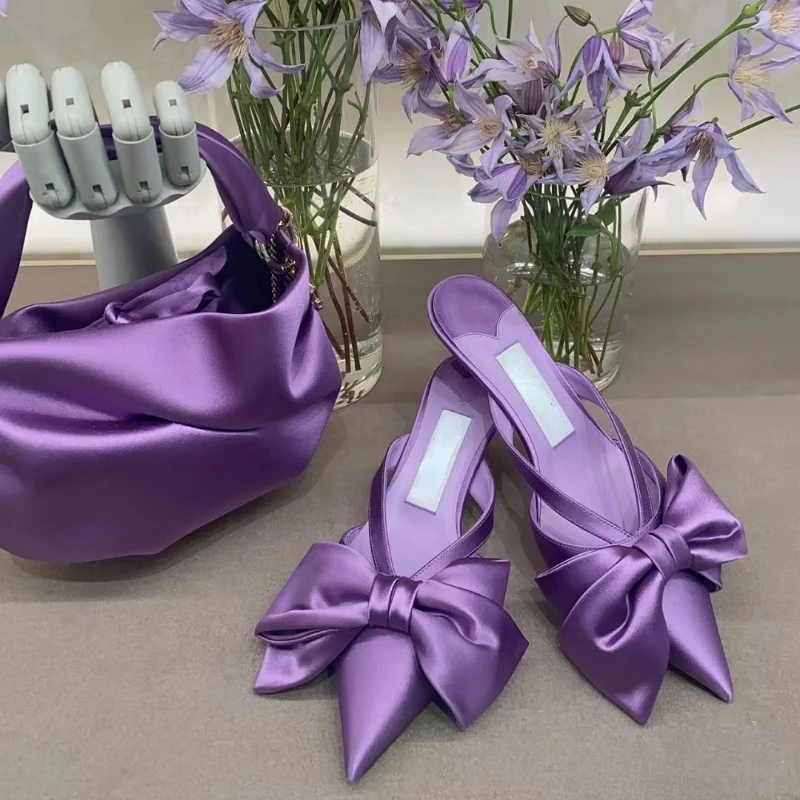 

Hot Selling Tacones De Zapato Low Shoes Female Bow Trending Purple Heels for Women Ladies