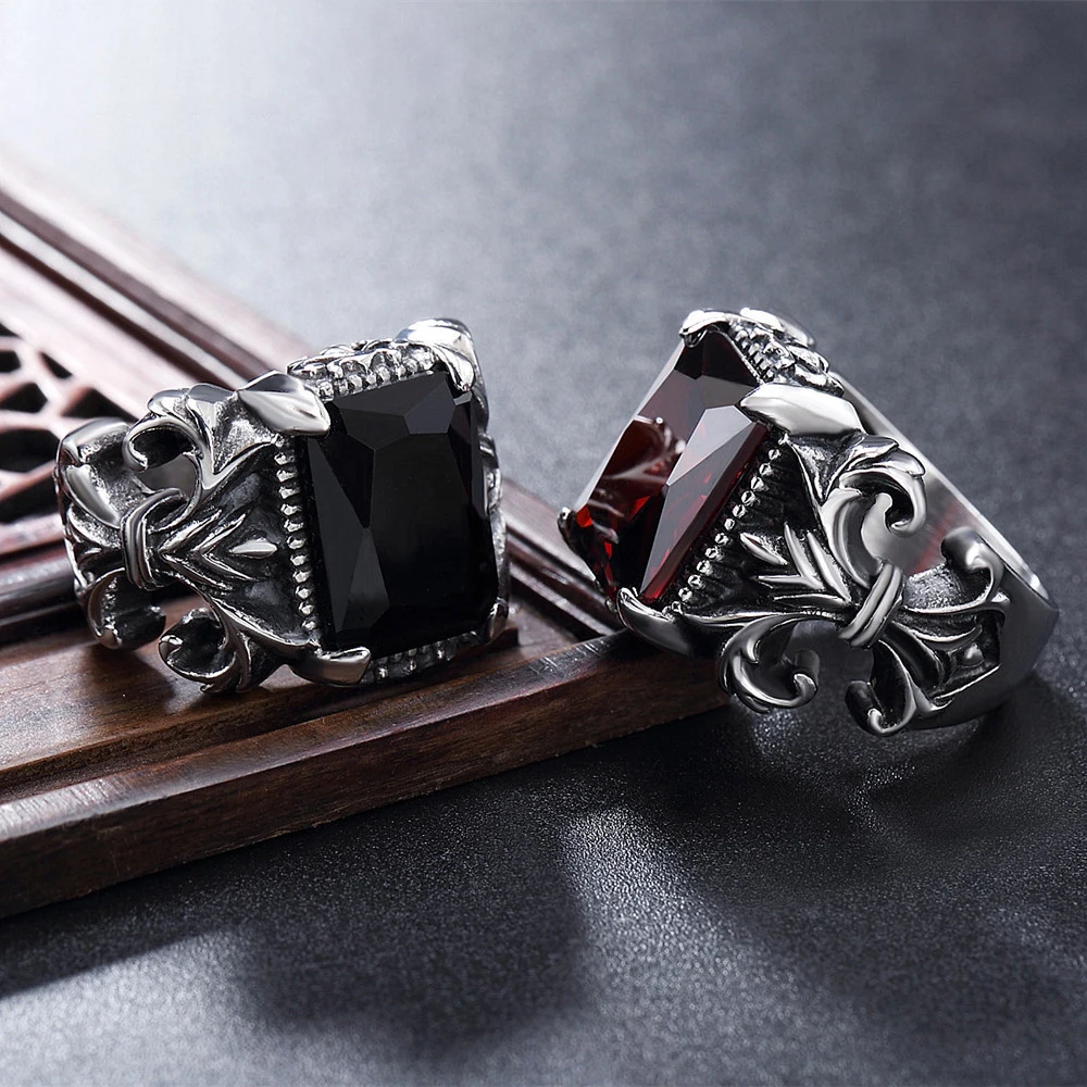 

Ring Ruby Men's Cross Titanium Steel European and American Personality Fashion Retro Punk Natural Stone Ring Gemstone Round OEM, Red stone, black stone, blue stone, purple stone