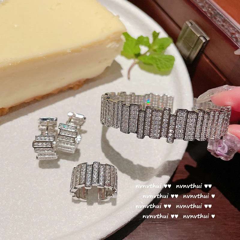 

High Quality Brilliance Gem Diamond  Bangle Earring And Ring Jewelry Set For Women Cubic Zirconia Jewelry, Silver color