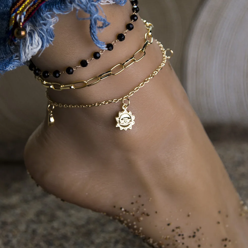 

Fashion Gold black beads chain anklet for women Wholesale N206209, Silver