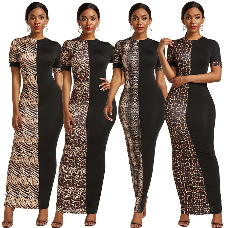 

Women Digital Printing Leopard Print Short Sleeve Stitching Sexy Nightclub Long Dress, Black, apricot