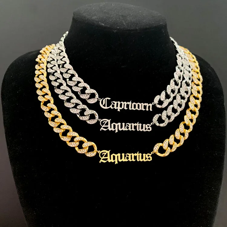

2020 Stainless Steel Cuban Link Chain Necklace Gold Plated Zodiac Sign Horoscope Nameplate Necklace For Women Jewelry, Gold silver