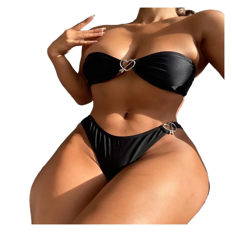 

2022 new women sexy swim suit two piece solid color black loving heart sexy women bikini set bikinis