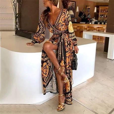 

S-3XL latest trendy Club Printed Evening beach high Split Plus Size Long sleeve summer women maxi bohemian casual dresses