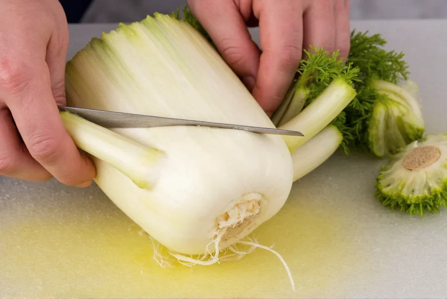Fresh fennel root with peeler and knife showing proper preparation technique