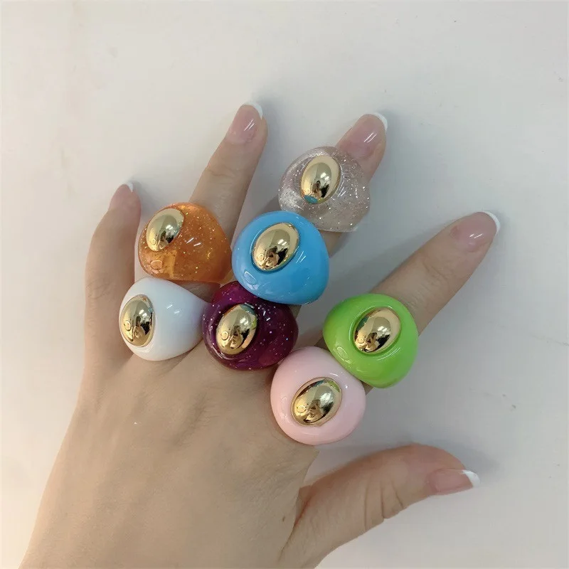 

Transparent Acrylic Resin Rings Gold Bead Geometry Circel Round Rings Custom Ring Resin