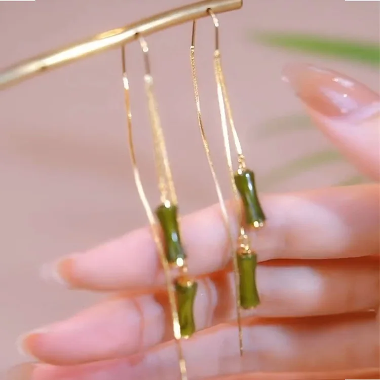 

Chinese Style Green Opal Bamboo Tassel Earring Ethnic Jewelry Wealth Health Green Jade Earrings 2023