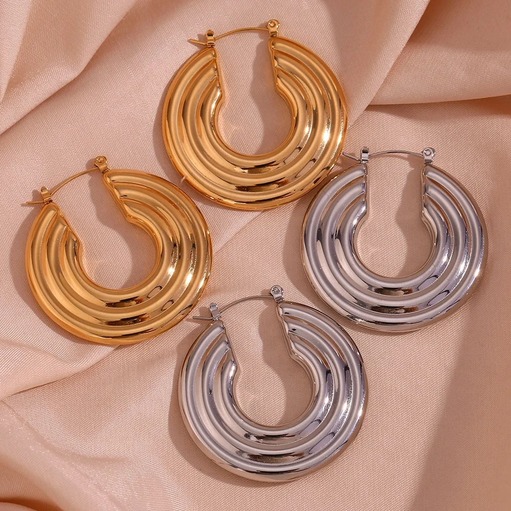 Statement Jewelry Three Layer Hollow Out Hoop Earring 18K Gold Plated Earring Stainless Steel Titanium Jewelry